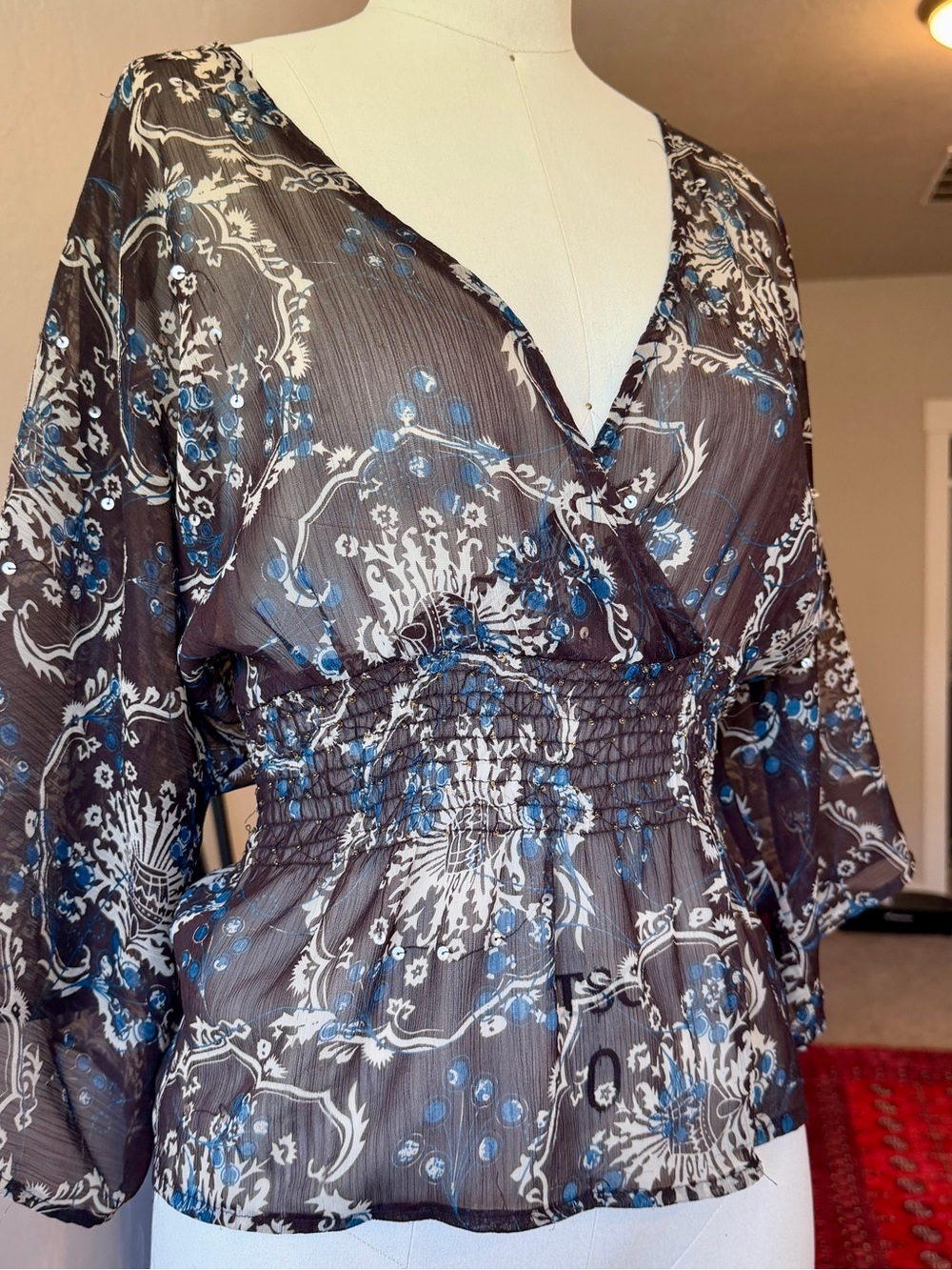 Y2K Sheer Beaded Floral Smocked Waist Blouse - Blue & White Print - L